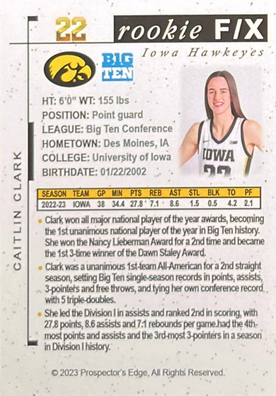 2023 PROSPECTORS EDGE CAITLIN CLARK ROOKIE F/X #22 IOWA HAWKEYES! – TUC